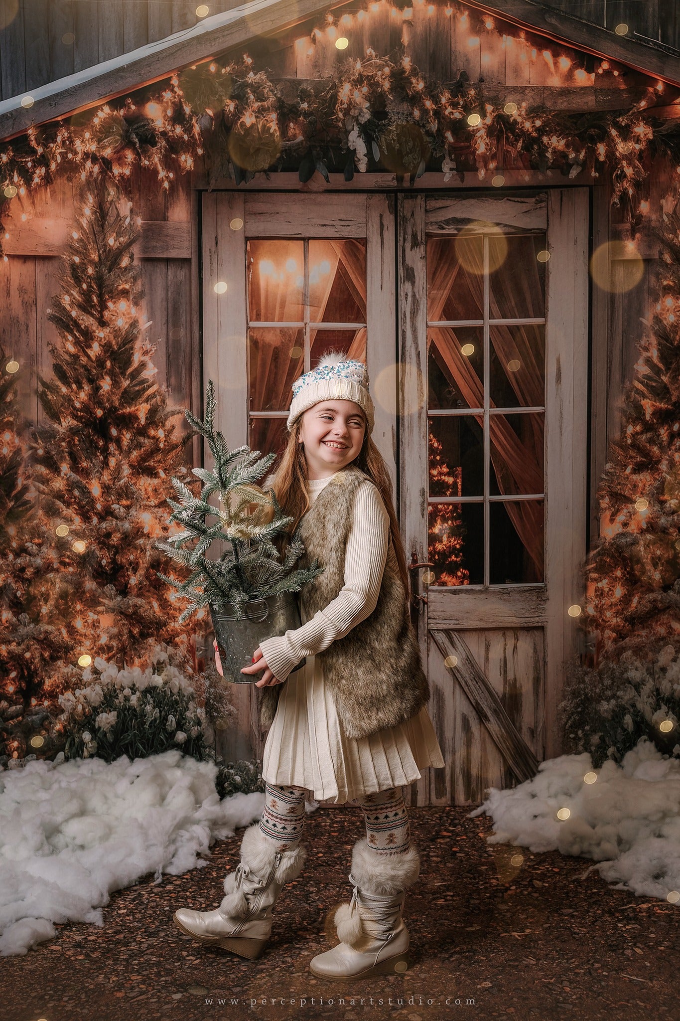 Kate Christmas Barn with Lights and Christmas Tree Fleece Backdrop Designed by Emetselch - Kate Backdrop AU
