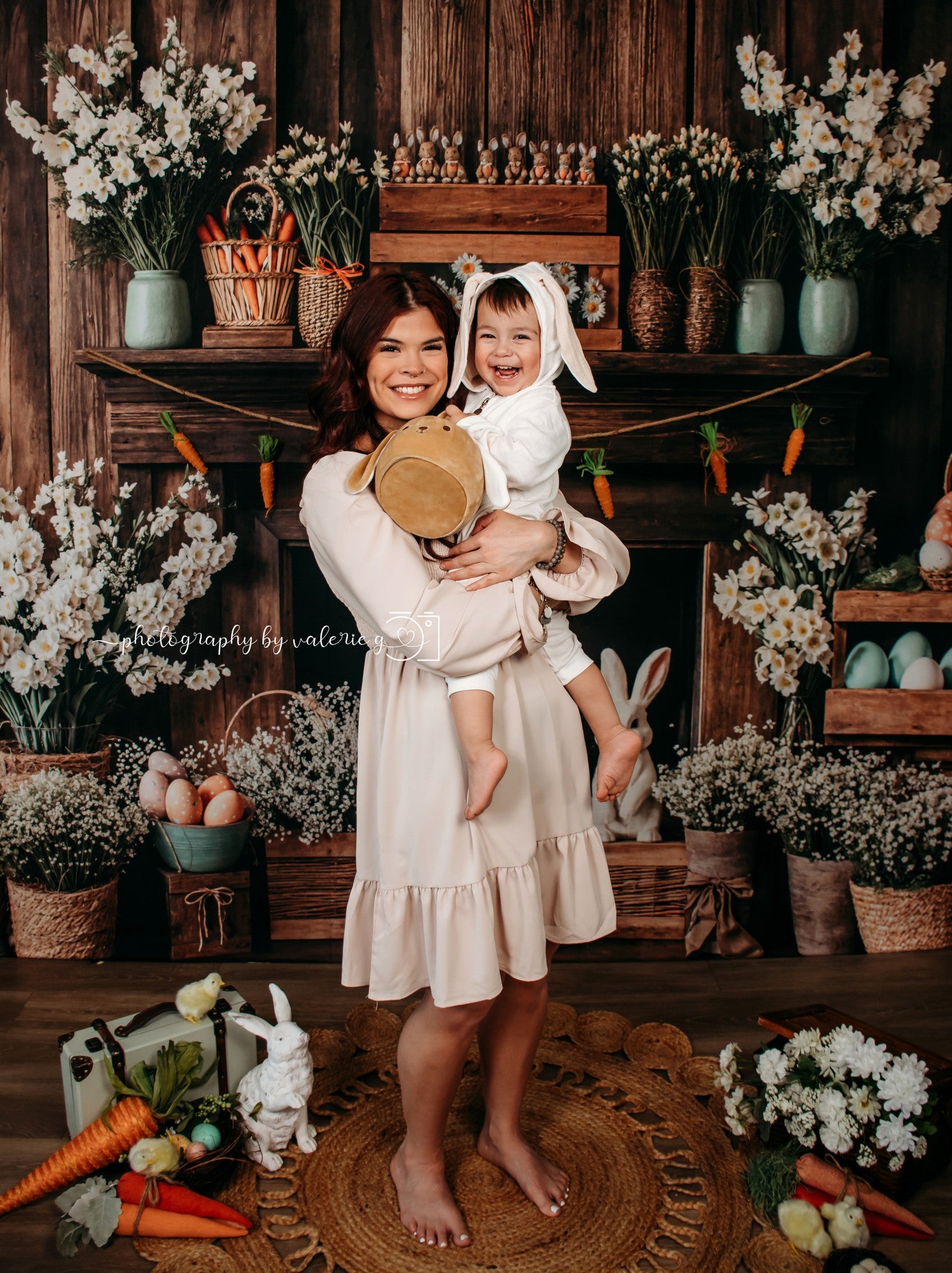 Kate Easter Fireplace Bunny Rustic Floral Backdrop Designed by Emetselch