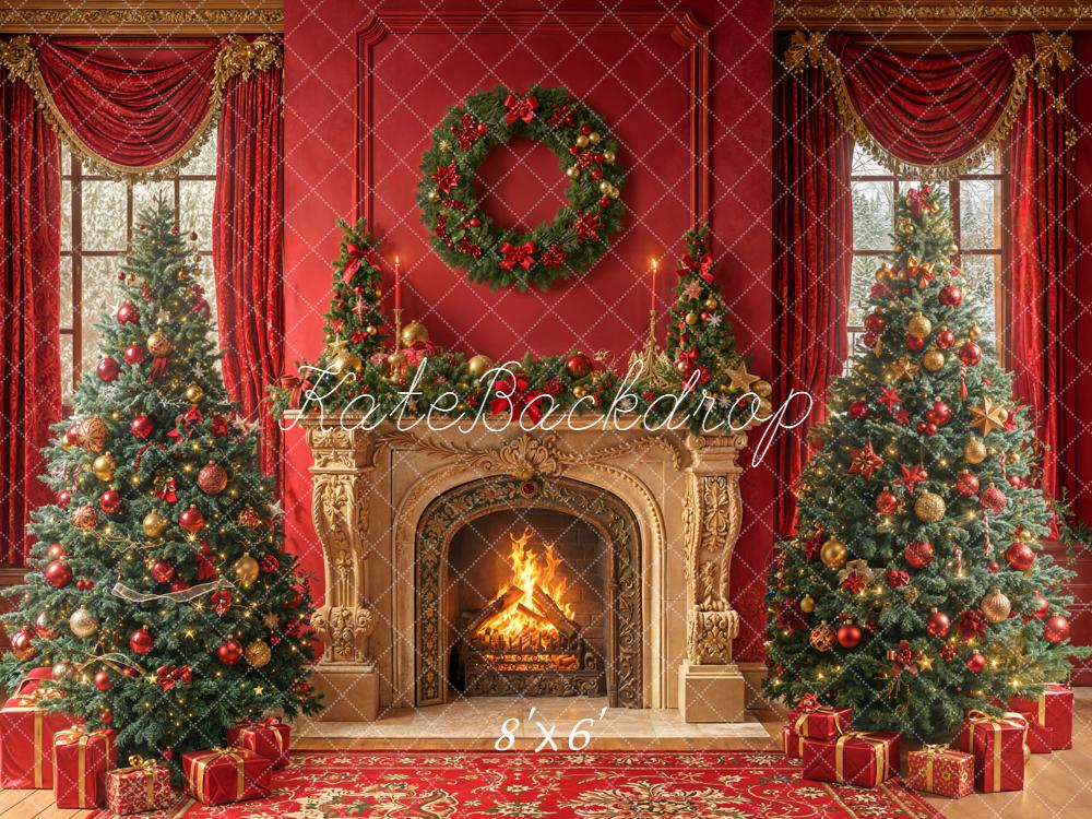 Kate Christmas Fireplace Wreath Red Backdrop Designed by Emetselch