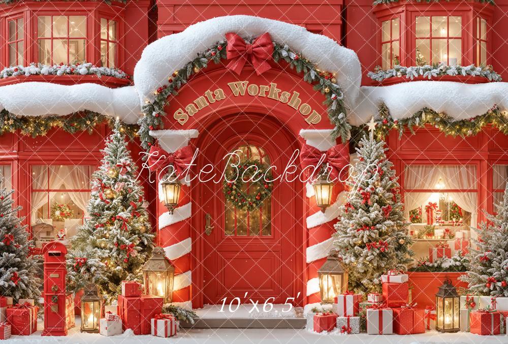 Kate Christmas Santa Workshop Snowy Trees Fleece Backdrop Designed by Emetselch