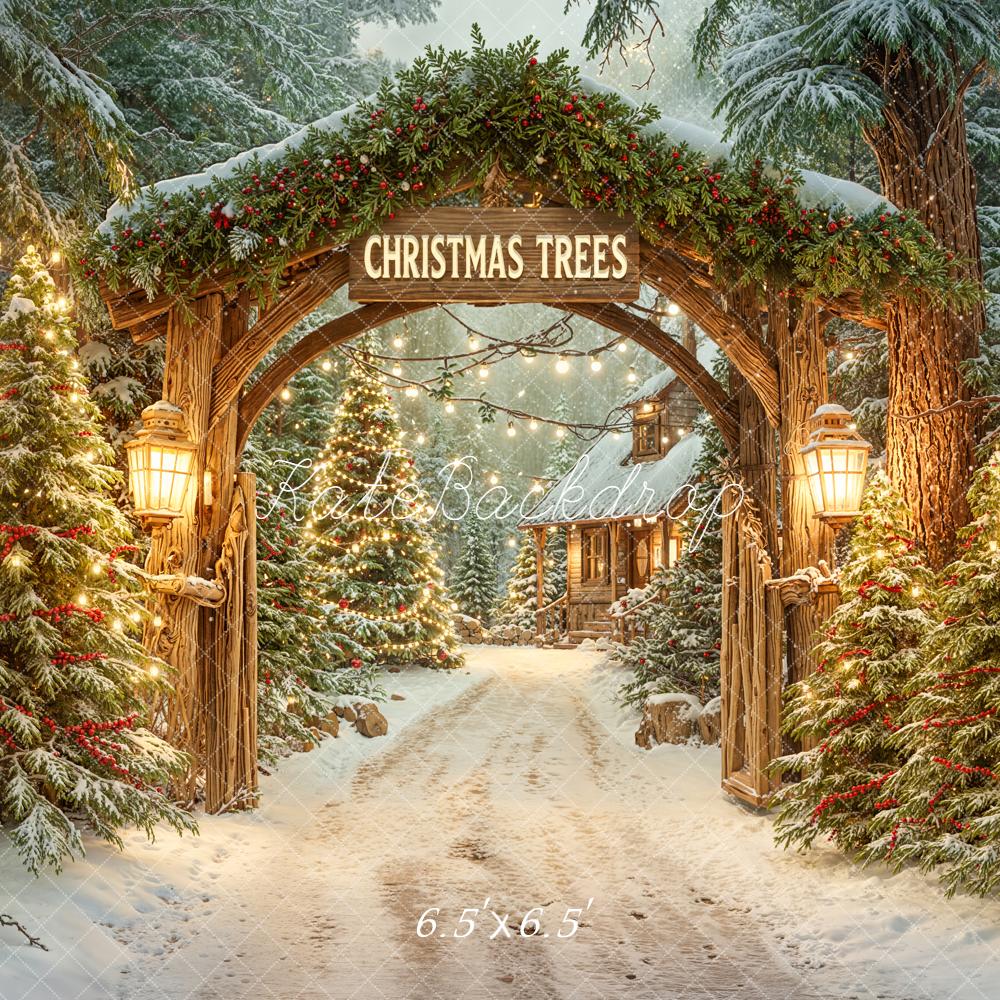 Kate Christmas Trees Wooden Arch Snowy Backdrop Designed by Emetselch