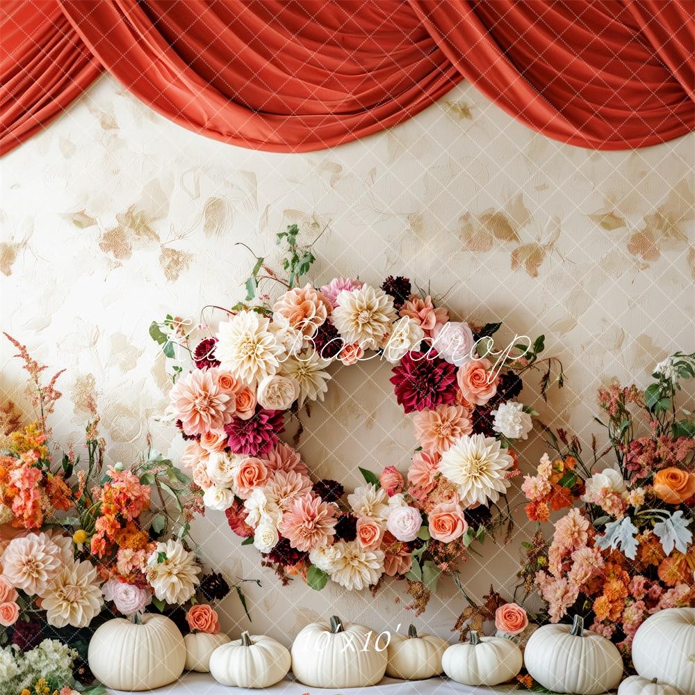 Kate Autumn Flowers Pumpkins Red Drapes Backdrop Designed by Patty Roberts