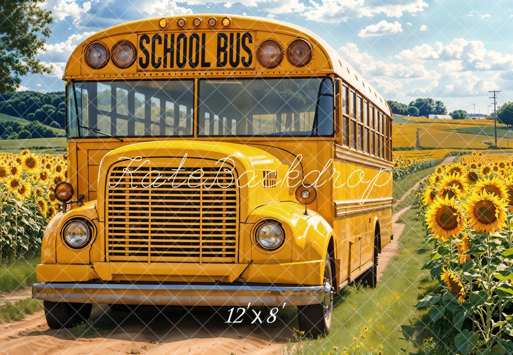 Kate Back to School Bus Sunflowers Fleece Backdrop Designed by Emetselch - Kate Backdrop AU