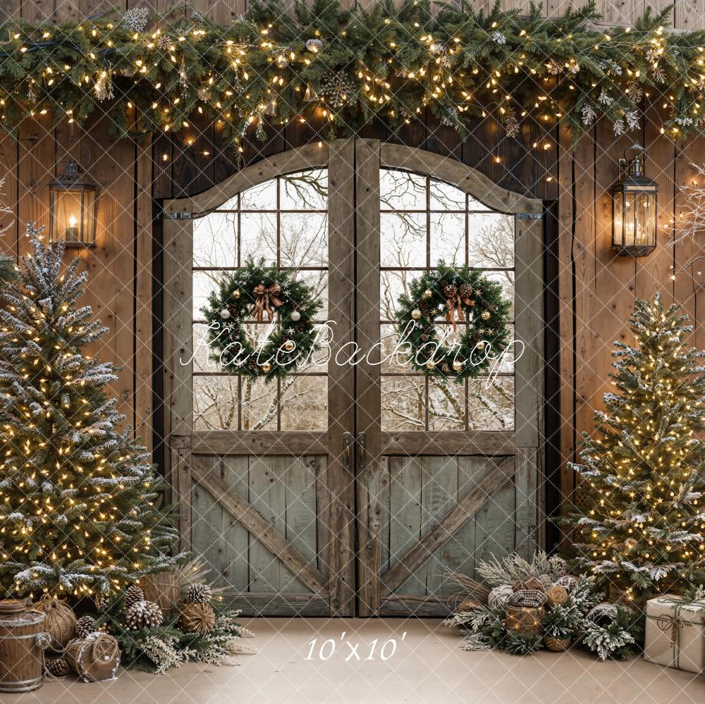 Kate Christmas Barn Door Garland Trees Backdrop Designed by Emetselch - Kate Backdrop AU