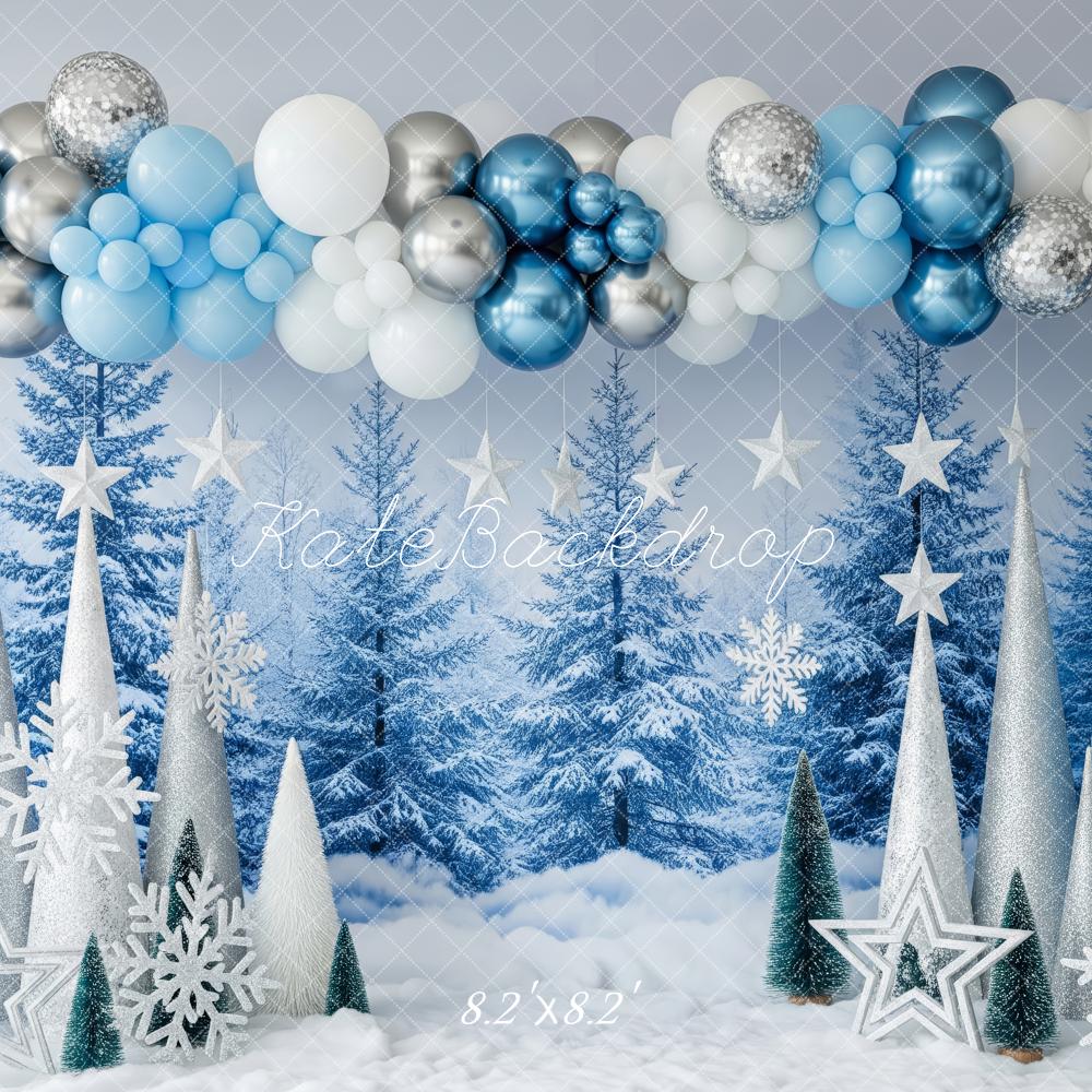 Kate Winter Blue Balloon Snowy Trees Backdrop Designed by Patty Roberts