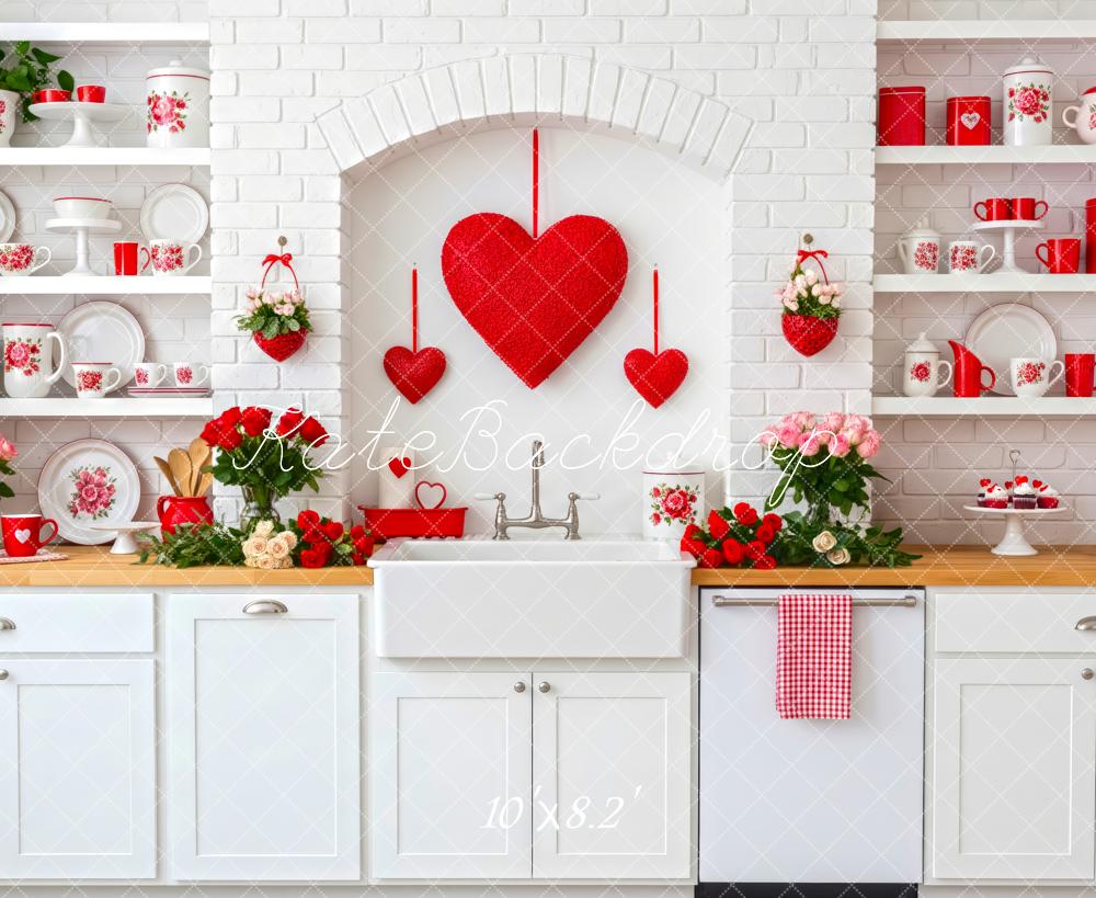 Kate Valentine Kitchen Red Hearts Backdrop Designed by Patty Roberts