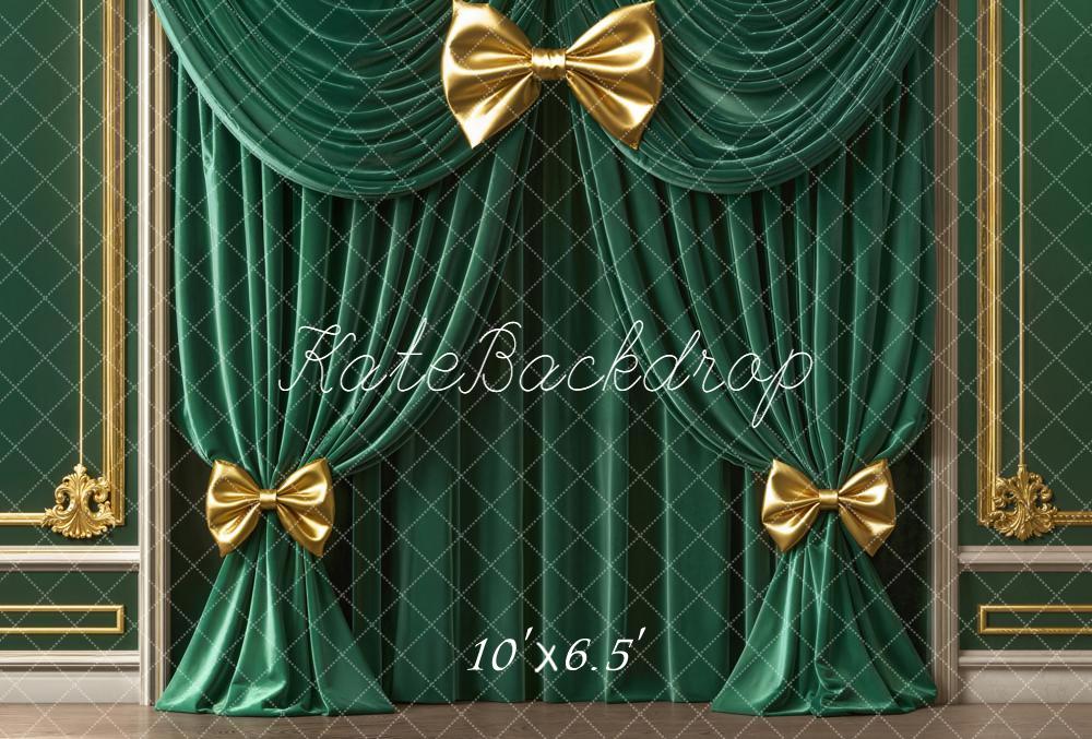 Kate Green Curtain Gold Bows Vintage Wall Fleece Backdrop Designed by Emetselch