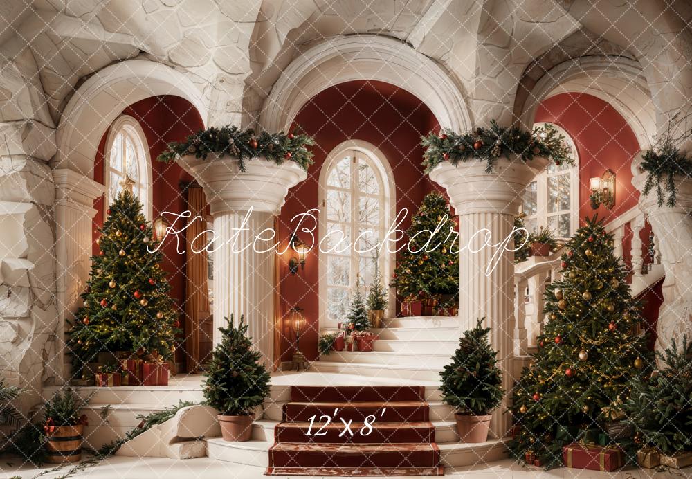 Kate Christmas Cascading Stairs Columns Fleece Backdrop Designed by Emetselch