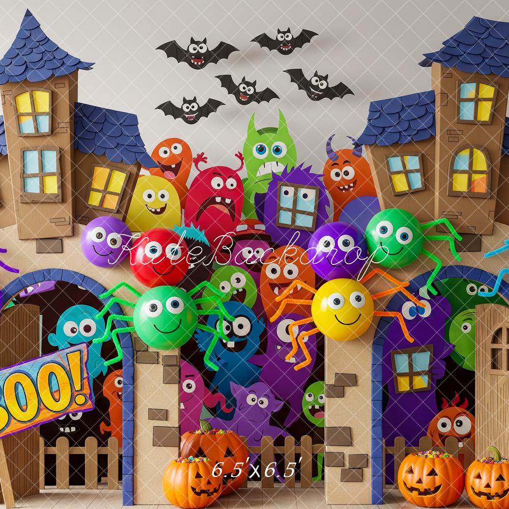 Kate Halloween Haunted House Backdrop Cartoon Monsters Spiders Pumpkins Designed by Patty Roberts