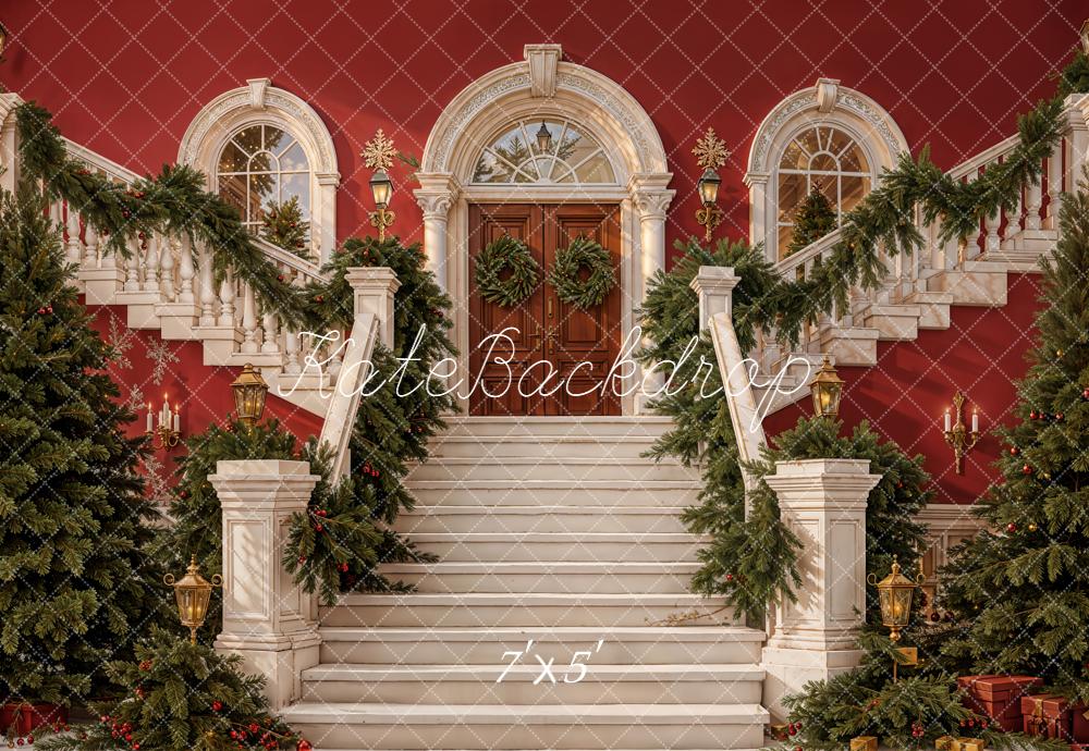 Kate Christmas Stairs Garland Red Backdrop Designed by Emetselch - Kate Backdrop AU