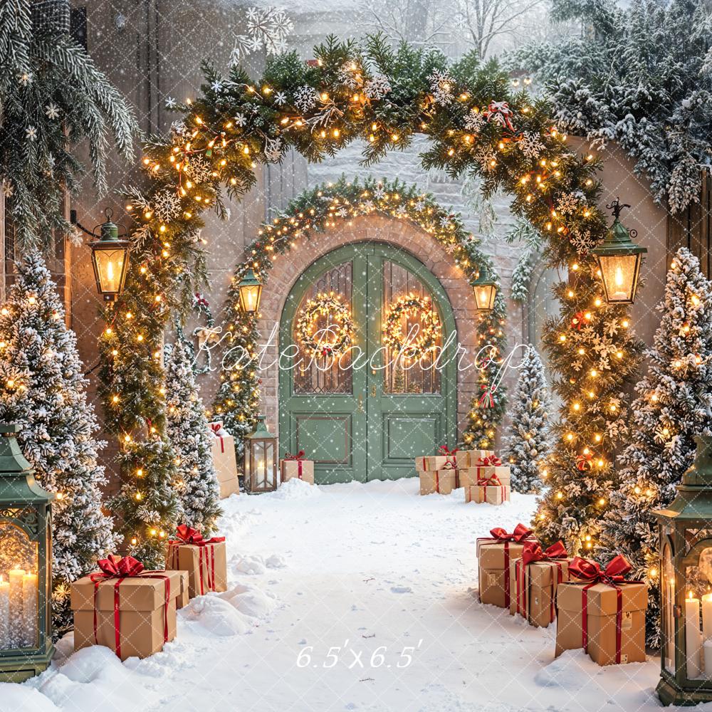Kate Christmas Archway Snowy Trees Presents Backdrop Designed by Emetselch