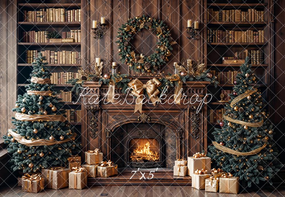 Kate Christmas Fireplace Bookshelves Trees Backdrop Designed by Emetselch - Kate Backdrop AU