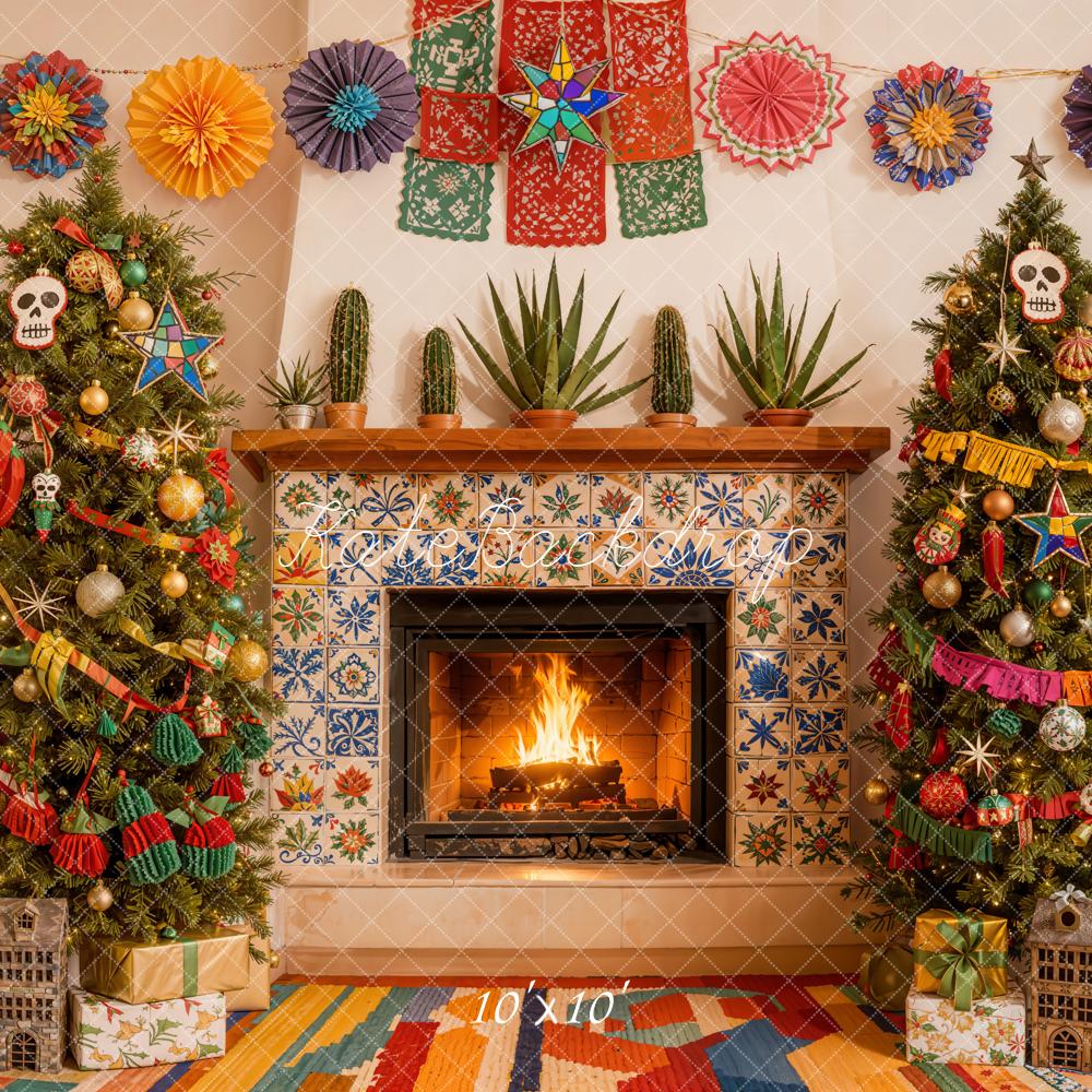 Kate Christmas Fireplace Colourful Trees Backdrop Designed by Emetselch