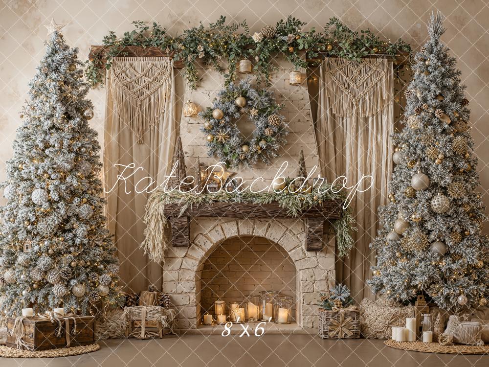 Kate Christmas Fireplace Trees Wreath Fleece Backdrop Designed by Emetselch - Kate Backdrop AU