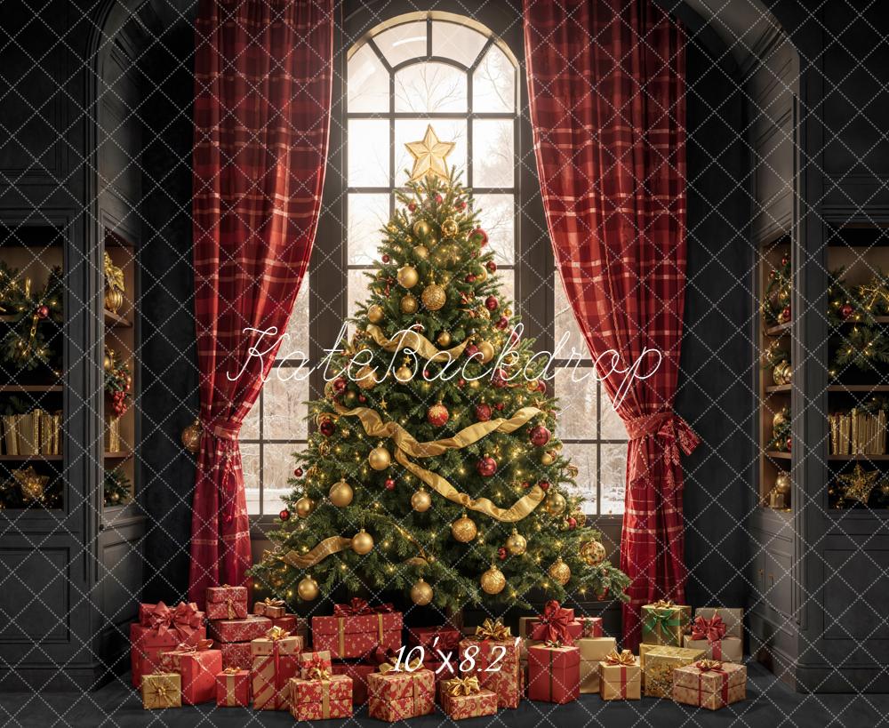 Kate Christmas Tree Presents Red Curtains Backdrop Designed by Emetselch - Kate Backdrop AU