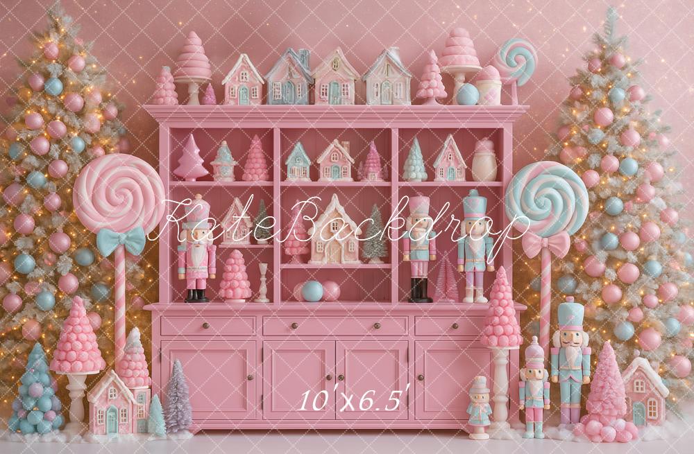 Kate Christmas Pink Candy Nutcracker Trees Backdrop Designed by Ashley Paul