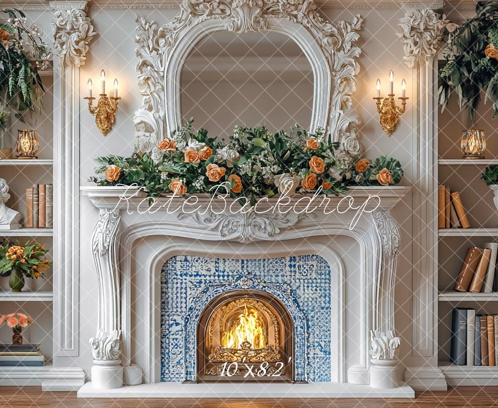 Kate Elegant Fireplace Spring Bookshelves Backdrop Designed by Mini MakeBelieve - Kate Backdrop AU