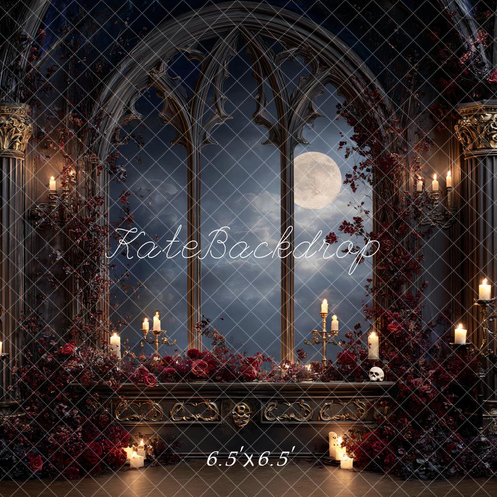 Kate Gothic Arched Windows Candlelight Roses Backdrop Designed by Ashley Paul