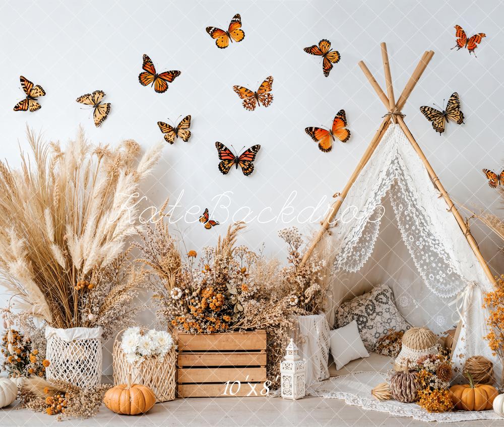 Kate Boho Tent Pumpkins Butterflies Pampas Fleece Backdrop Designed by Emetselch - Kate Backdrop AU