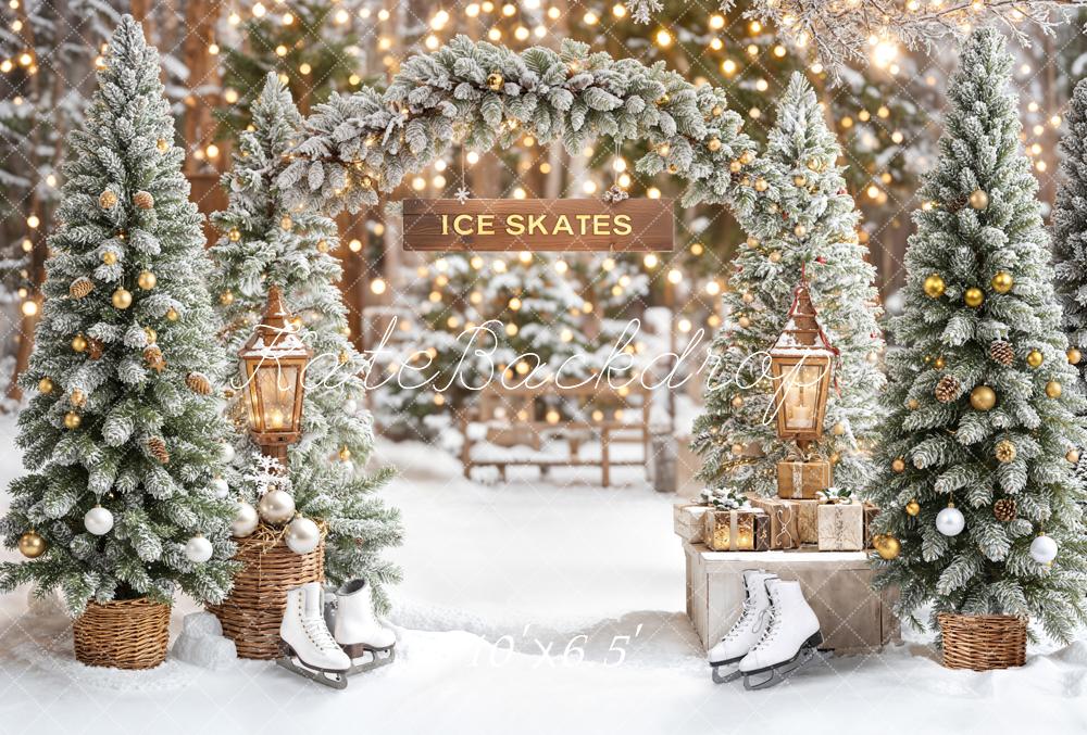 Kate Christmas Ice Skates Snowy Trees Arch Fleece Backdrop Designed by Emetselch - Kate Backdrop AU