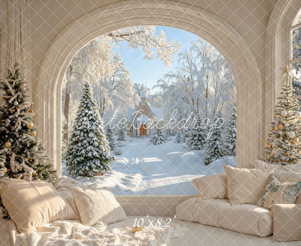 Kate Christmas Snowy Trees Arched Window Backdrop Designed by Emetselch - Kate Backdrop AU