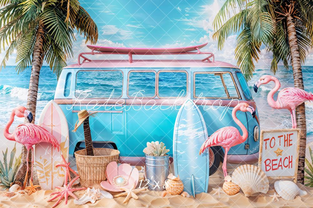 Kate Summer Beach Van Flamingos Surfboards Backdrop Designed by Emetselch