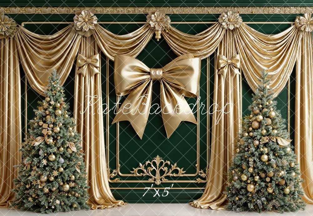 Kate Christmas Gold Bow Trees Curtains Backdrop Designed by Emetselch