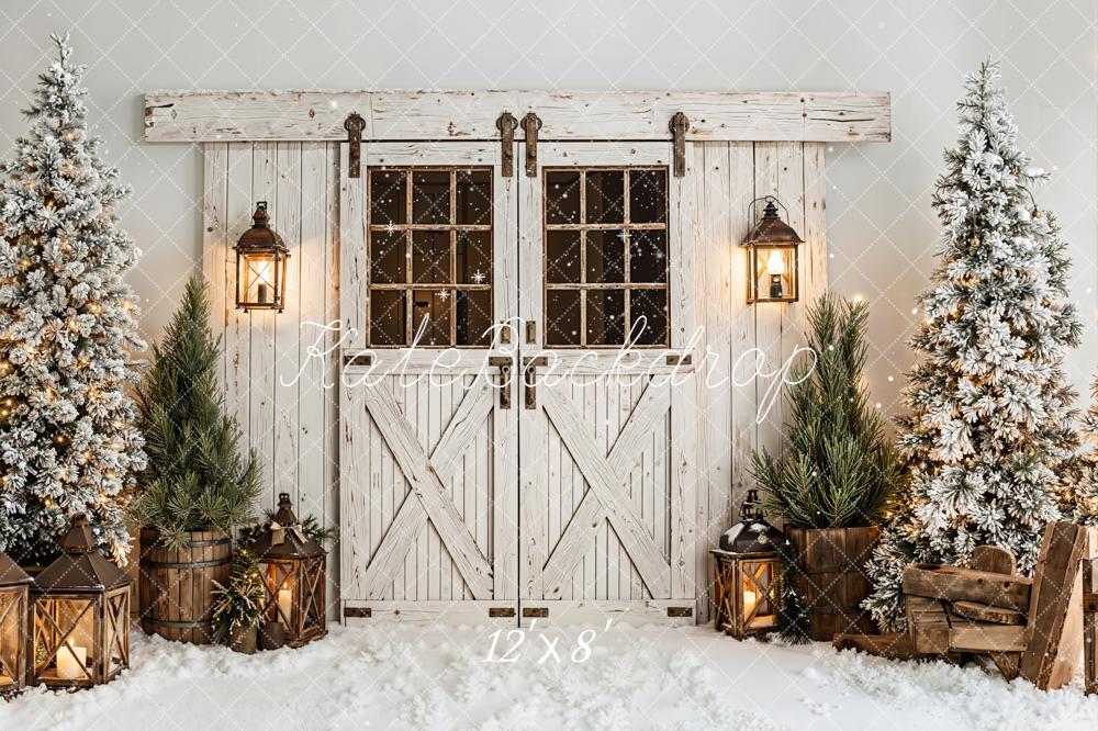Kate Winter Barn Door Snow Trees Fleece Backdrop Designed by Emetselch