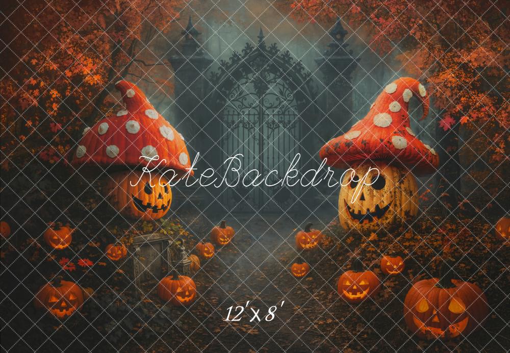 Kate Halloween Pumpkins Mushroom Gate Fleece Backdrop Designed by Chain