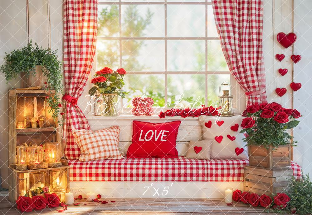 Kate Valentine Window Bench Red Gingham Backdrop Designed by Emetselch