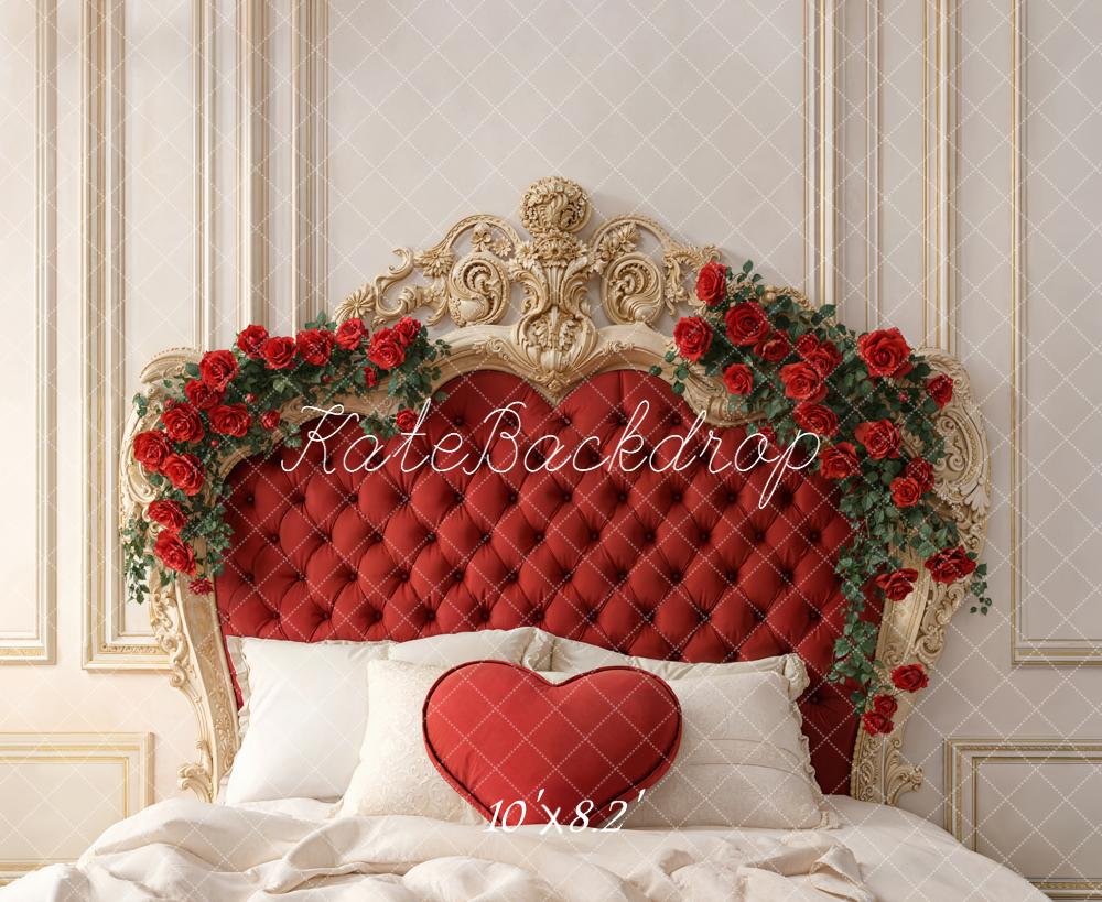Kate Red Headboard Heart Pillow Roses Fleece Backdrop Designed by Emetselch