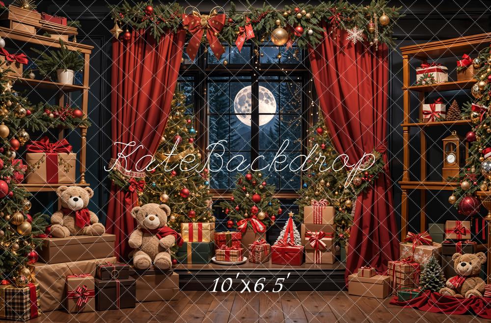 Kate Christmas Teddy Bears Red Curtains Backdrop Designed by Emetselch