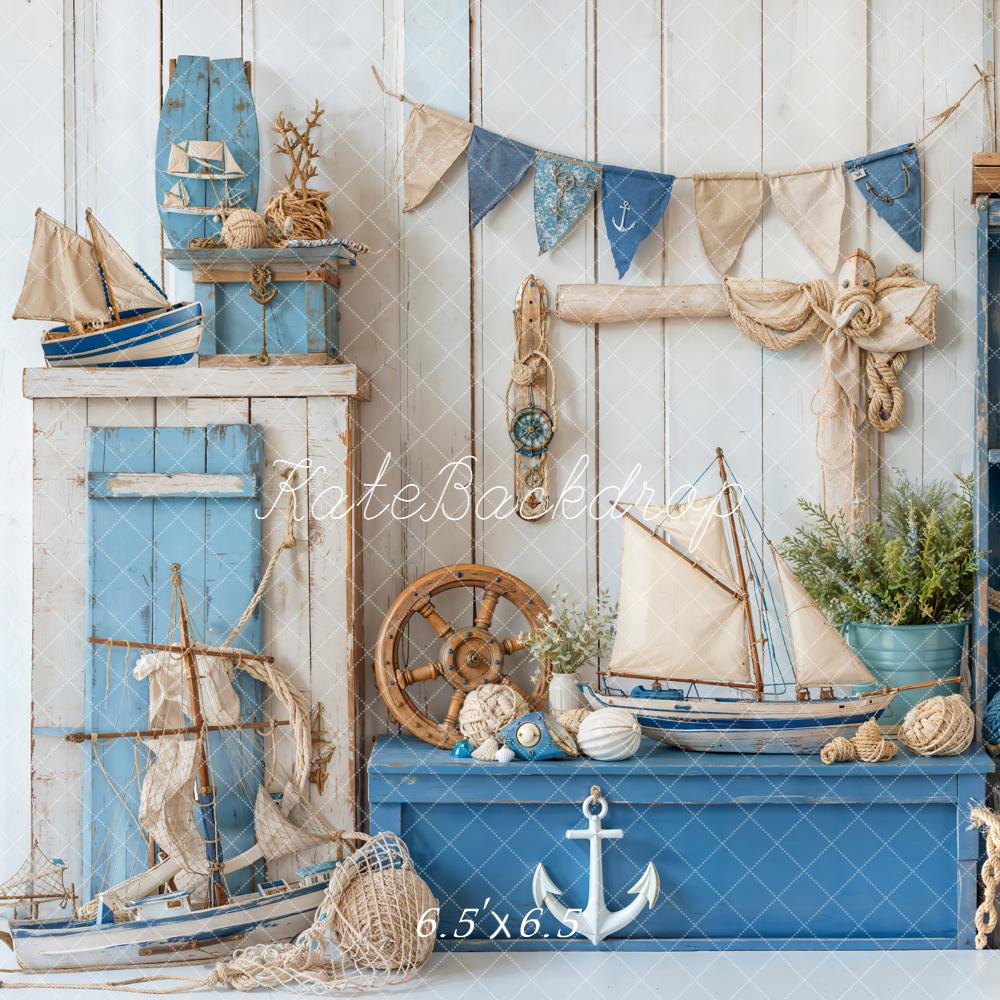 Kate Nautical Blue Sailboats Rope Decor Backdrop Designed by Emetselch