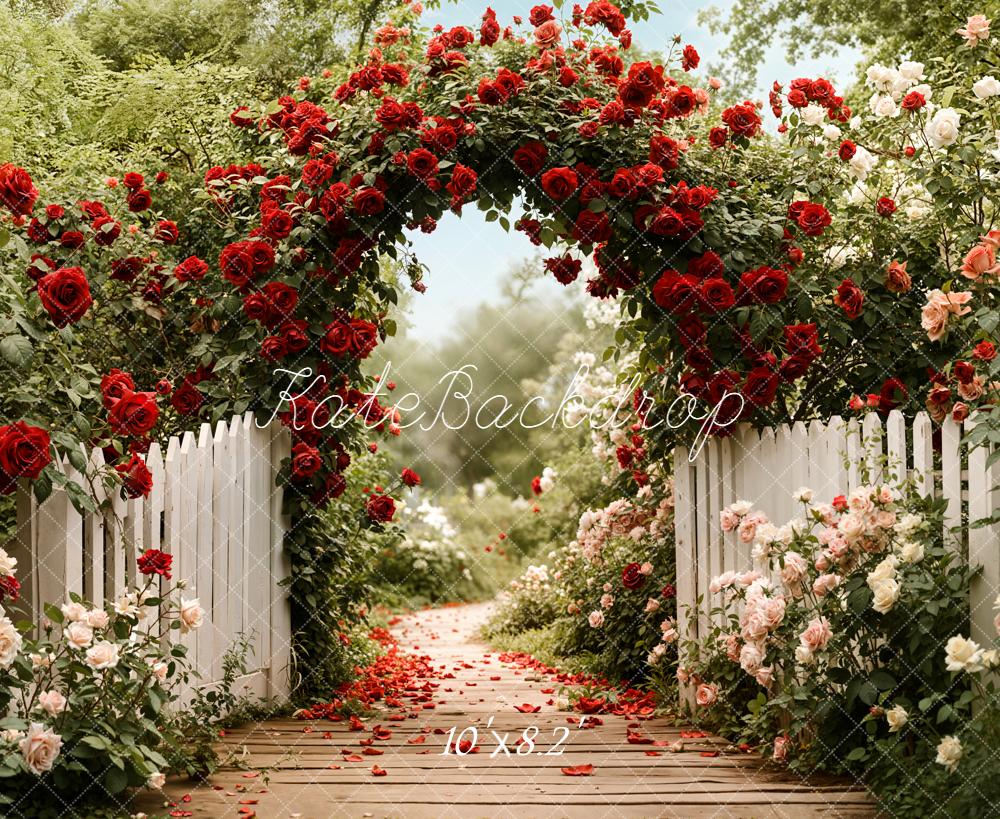 Kate Flower Arch Garden Path White Fence Fleece Backdrop Designed by Emetselch
