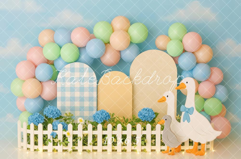 Kate Pastel Balloons Blue Hydrangea Geese Fence Backdrop Designed by Patty Roberts