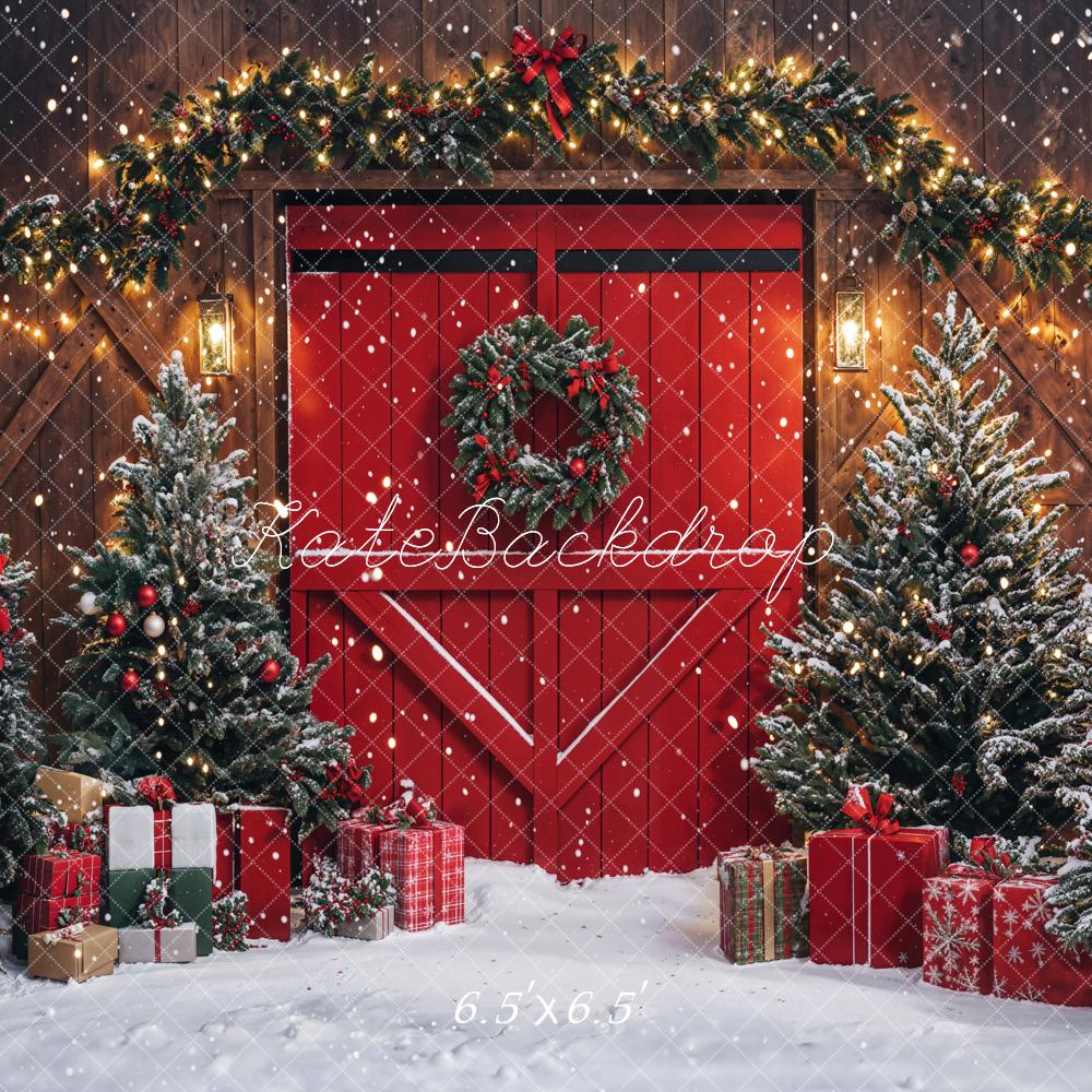 Kate Christmas Red Barn Door Pine Trees Presents Backdrop Designed by Emetselch - Kate Backdrop AU