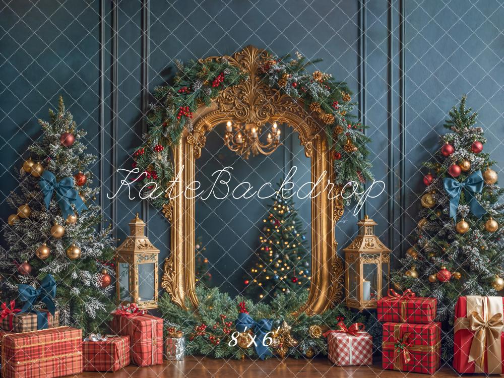 Kate Christmas Trees Gold Mirror Presents Fleece Backdrop Designed by Emetselch - Kate Backdrop AU