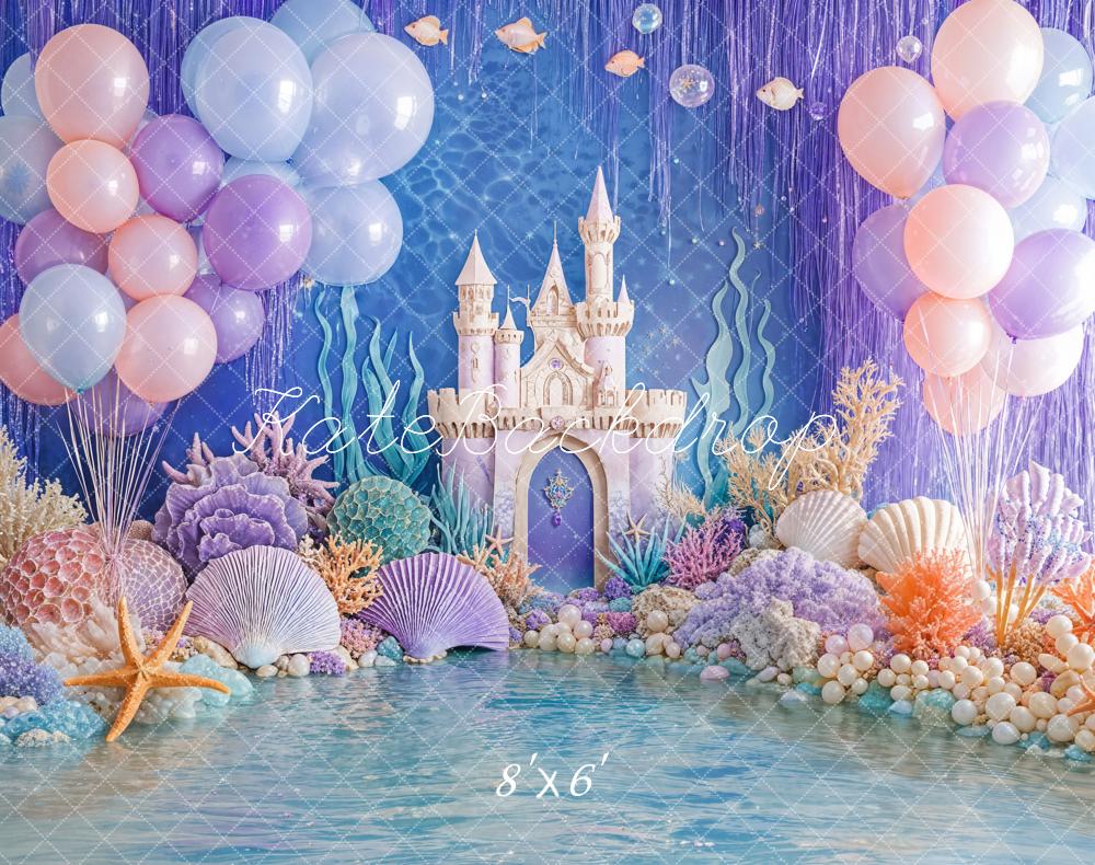 Kate Mermaid Castle Coral Seashell Balloons Fleece Backdrop Designed by Emetselch - Kate Backdrop AU