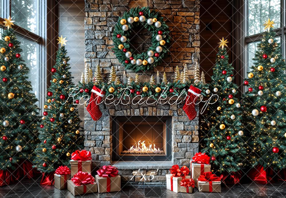 Kate Fireplace Christmas Trees Presents Backdrop Designed by Mini MakeBelieve - Kate Backdrop AU