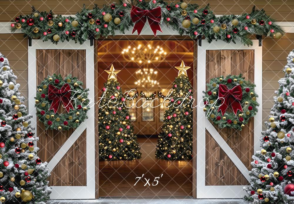 Kate Christmas Barn Door Trees Garland Backdrop Designed by Mini MakeBelieve - Kate Backdrop AU