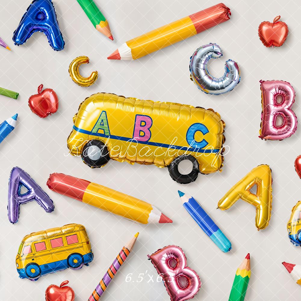 Kate Back to School Bus Balloons Pencils Apples Backdrop Designed by Emetselch