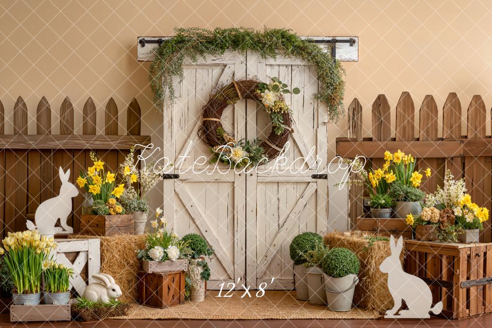 Kate Easter Bunny Flowers Barn Door Fleece Backdrop Designed by Emetselch