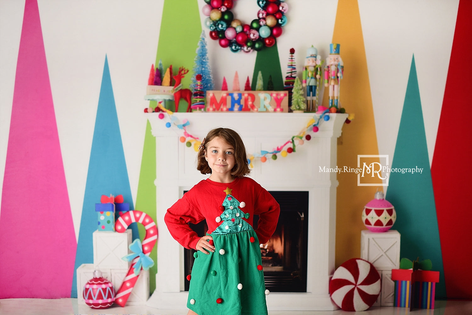 Kate Merry Bright Christmas Fireplace Backdrop Designed by Mandy Ringe Photography