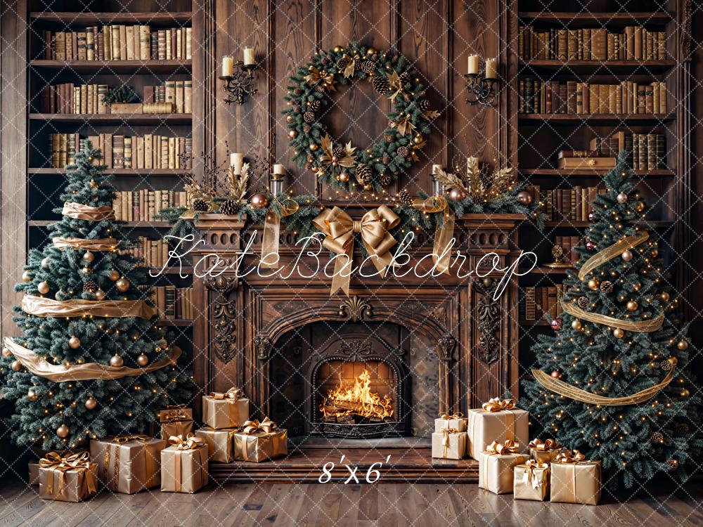 Kate Christmas Fireplace Bookshelves Fleece Backdrop Designed by Emetselch - Kate Backdrop AU