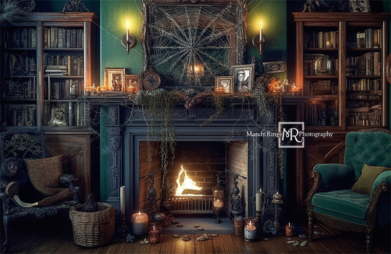 Kate Halloween Fireplace Cobweb Candles Vintage Backdrop Designed by Mandy Ringe - Kate Backdrop AU