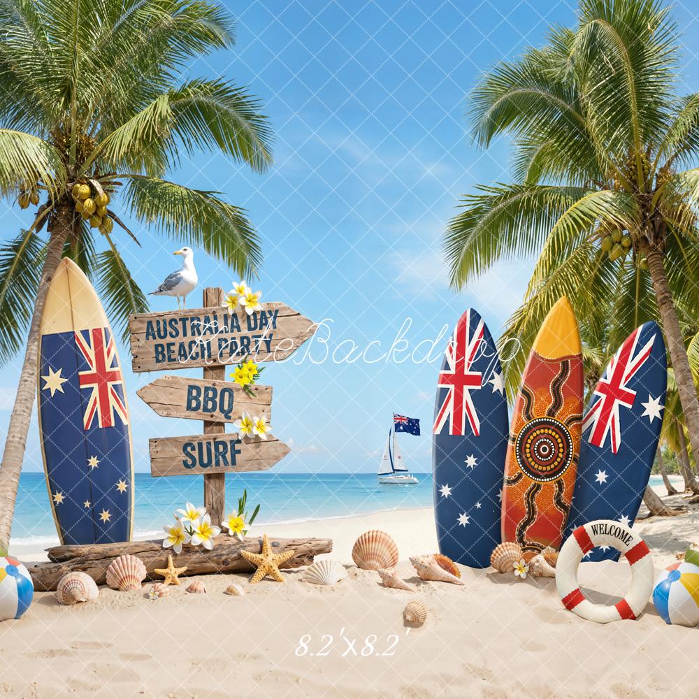 Kate Australia Day Surfboards Palm Trees Beach Backdrop Designed by Emetselch