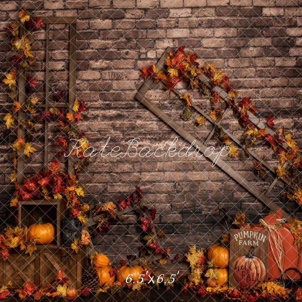 Kate Fall Pumpkins Autumn Leaves Brick Wall Backdrop Designed by Rose Abbas