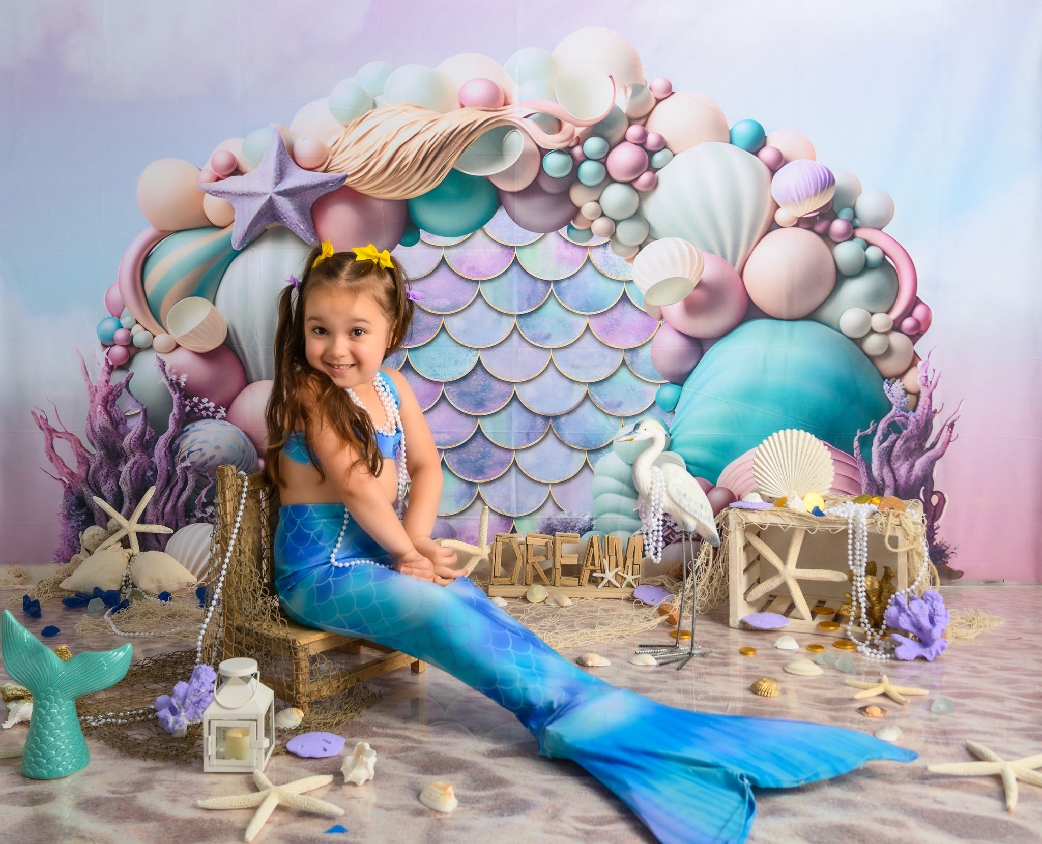 Kate Mermaid Balloons Arch+Sandy Beach Backdrop for Photography