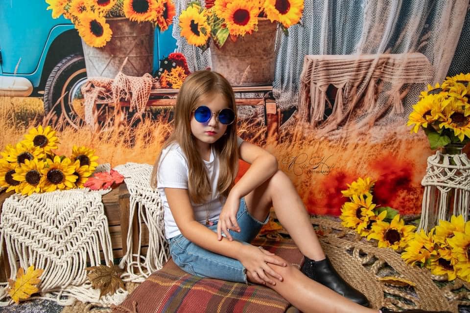 Kate Autumn Outing Bus Backdrop Sunflower for Photography - Kate Backdrop AU