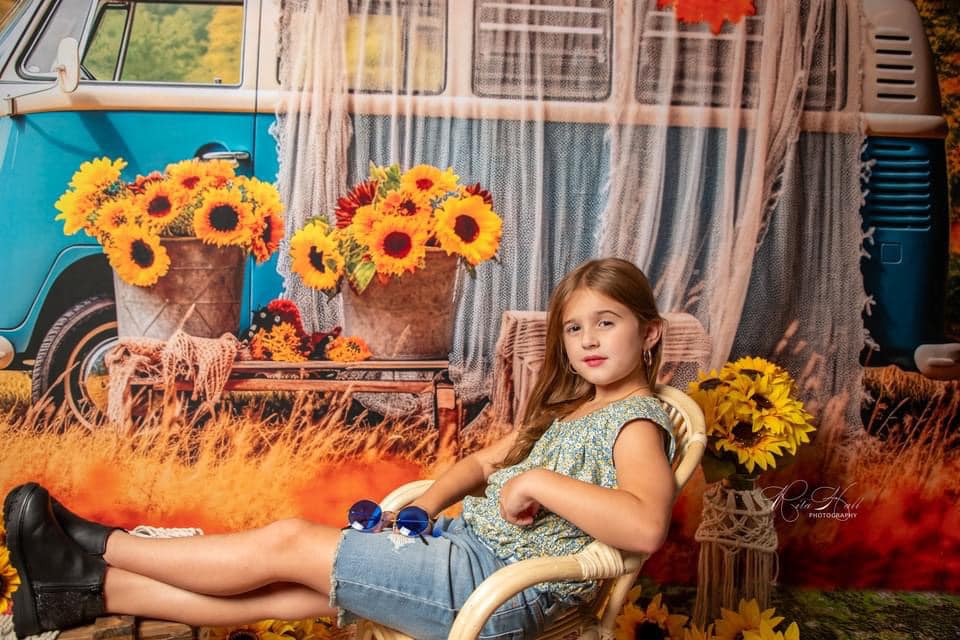 Kate Autumn Outing Bus Backdrop Sunflower for Photography - Kate Backdrop AU